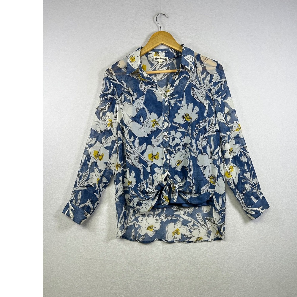 Hope Springs Floral Button Down Shirt Womens‎ Small Blue Sheer Tie Front Blouse